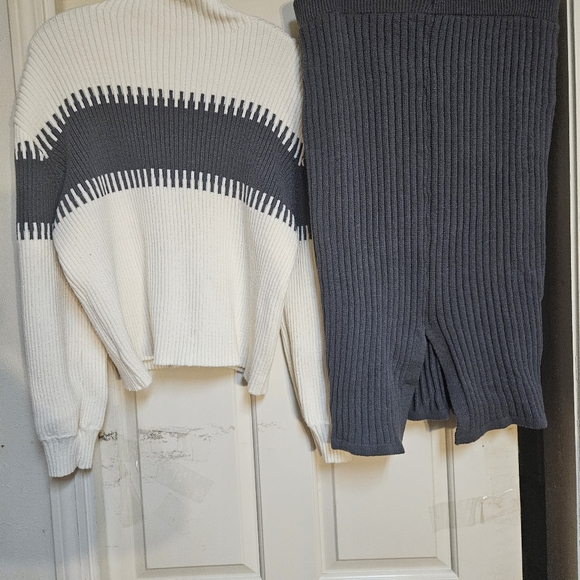 White and Dark Knitted Striped Sweater and Skirt Set - Picture 2 of 4